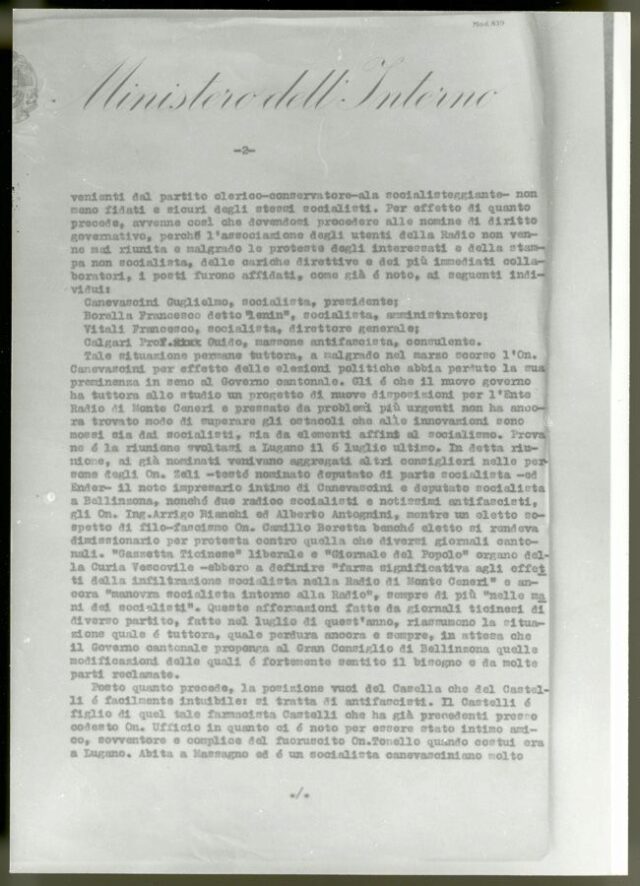 Pagina 2 di una lettera del Ministero dell'Interno su Casella e Castelli