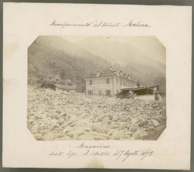 "Straripamento del torrente Molina. Magadino. Subito dopo il disastro del 7 Agosto 1872"