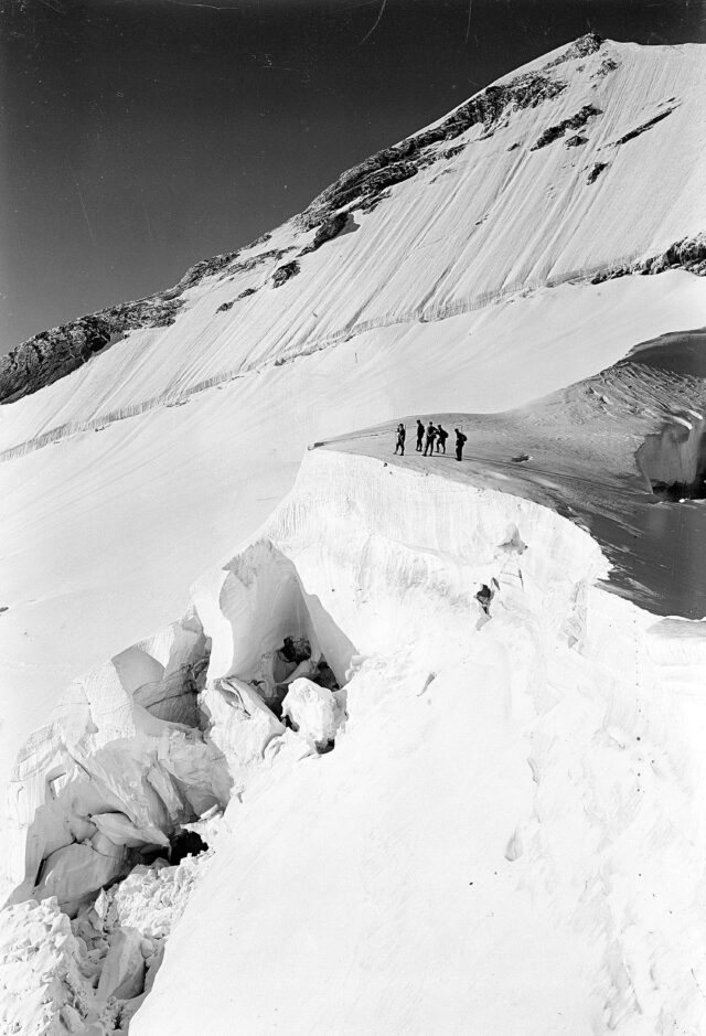 Offizierspatrouille auf das Surettahorn. Am Gletscherabbruch, im Hintergrund Piz Suretta
