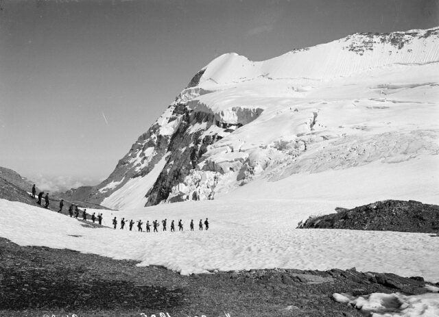 Marsch über ein Schneefeld. Im Hintergrund Gletschergebiet