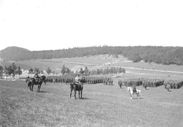 Die Infanterie Brigade 1 stellt sich nach Truppengattungen vor ihrem Kommandanten auf