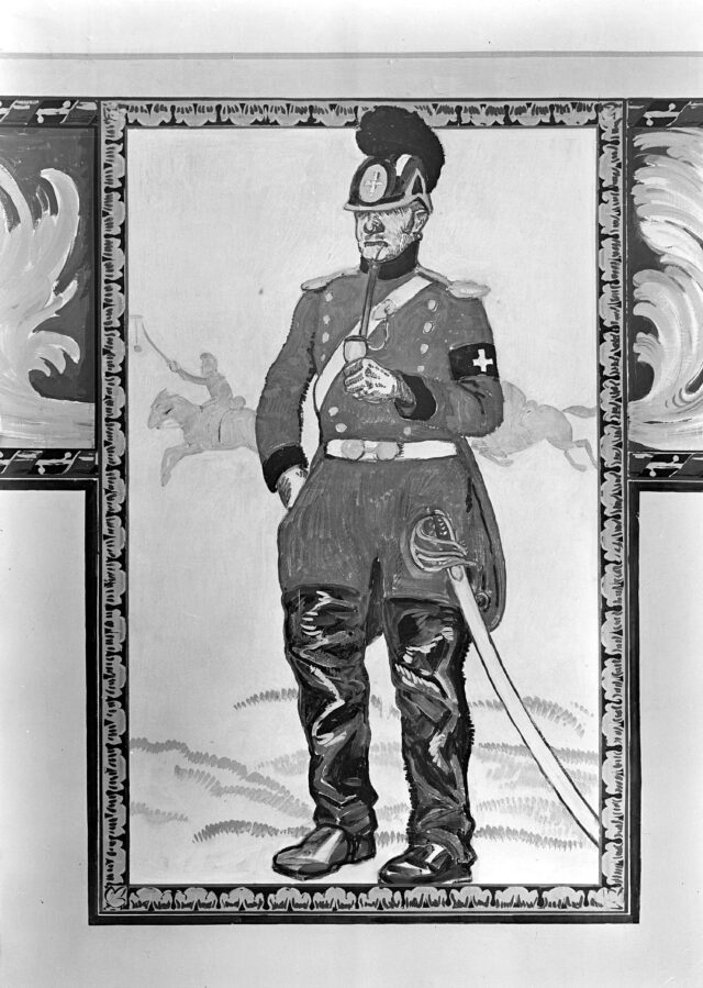 Wandmalerei (Schweiz. Kavallerist des 19. Jhr) im Innern der Soldatenstube