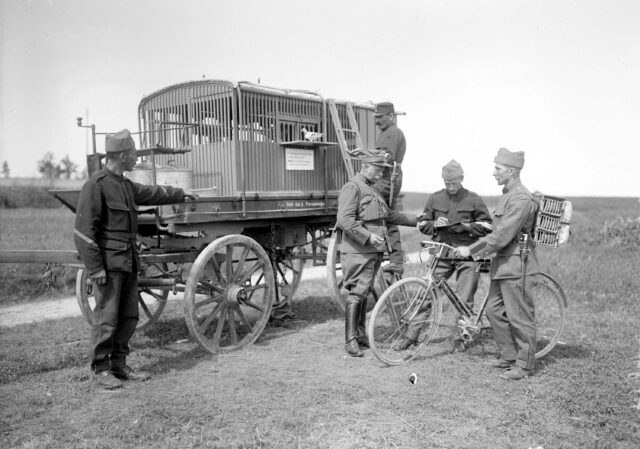 Der mobile Brieftaubenwagen und ein Radfahrer mit einem Brieftaubenkorb