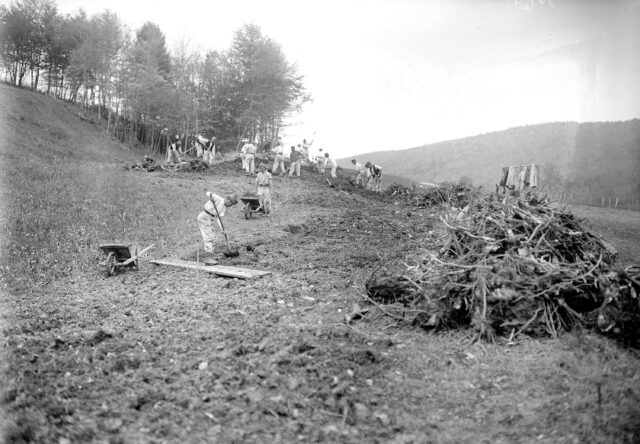 Soldaten räumen Wurzeln und Steine aus einem gerodeten Waldstück