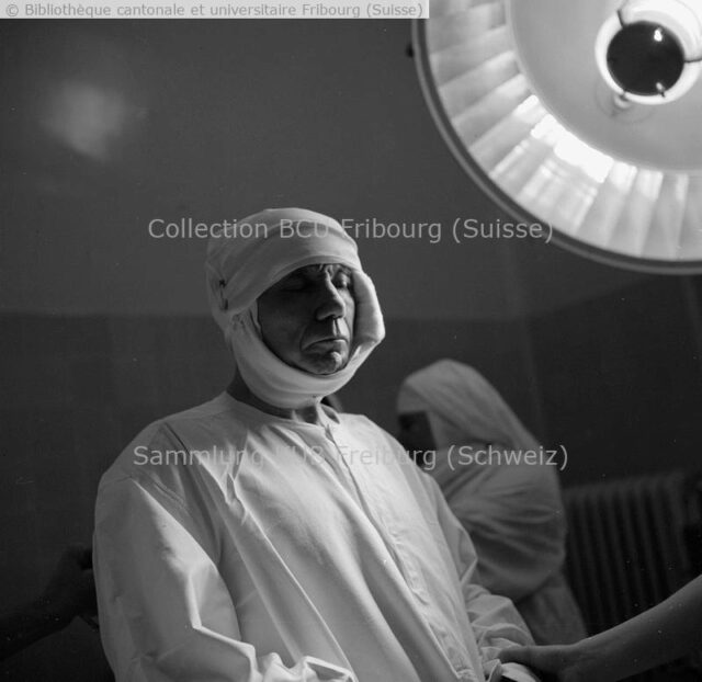 Fribourg, Hôpital cantonal: leucotomie, portrait du patient du Dr François Ody après opération