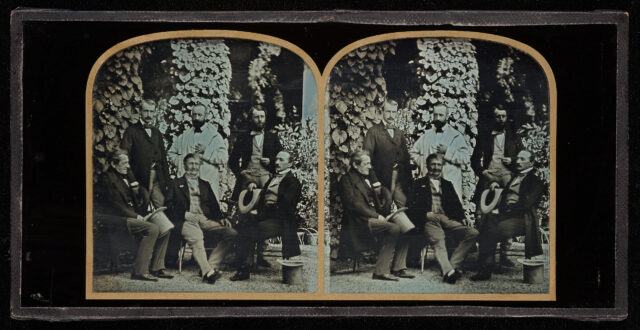 Jean-Gabriel Eynard avec Arthur Berthout van Berchem et son fils William, Charles de Traz et Auguste Turrettini à Beaulieu
