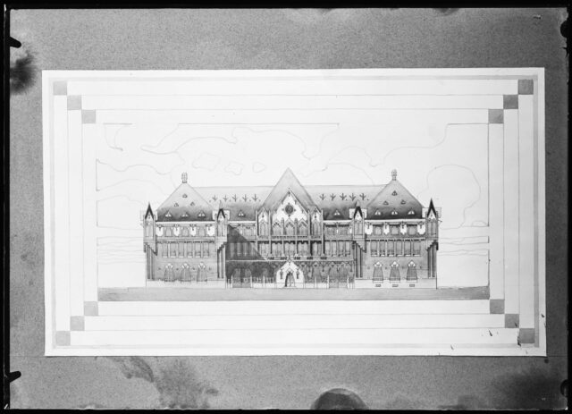 Photographie d'un dessin architectural de l'Hôtel des postes de la Chaux-de-Fonds