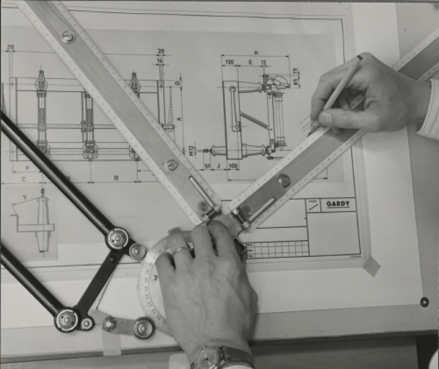 Genève, avenue de la Jonction : dessin technique à l'usine Gardy