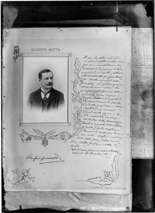 Ritratto di Giuseppe Motta, presentata da R. Donetta con uno stralcio di discorso fatto da Motta a Bellinzona il 16.12.1911