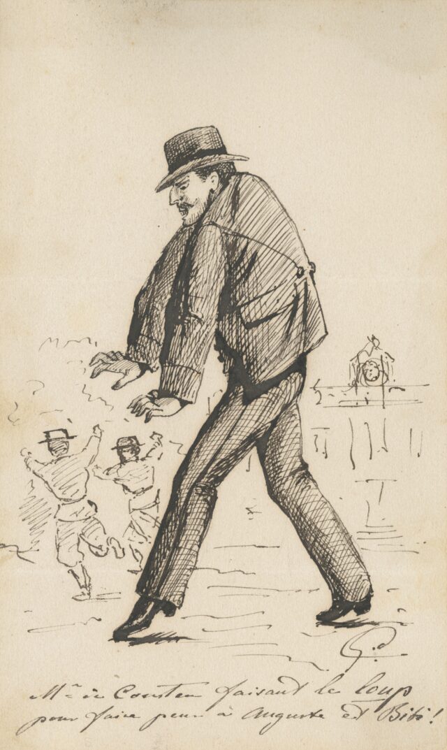 Zeichnung "Monsieur de Constan faisant le loup pour faire peur à Auguste et Bibi!", 1870er Jahre