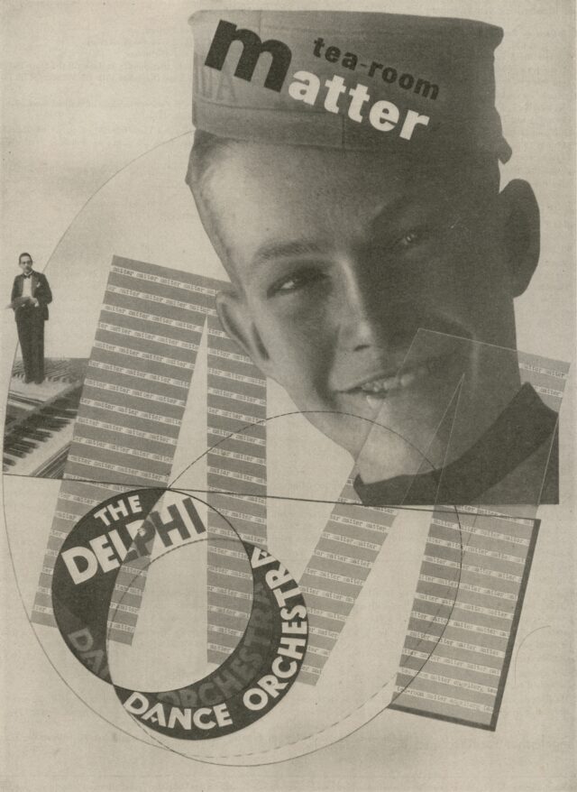 Werbung für ein Konzert des Delphi Dance Orchestra im Matter Tea Room, um 1930