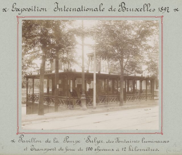 Pavillon mit der "Sulzer-Pumpe" für beleuchtete Springbrunnen an der Weltausstellung Brüssel, 1897