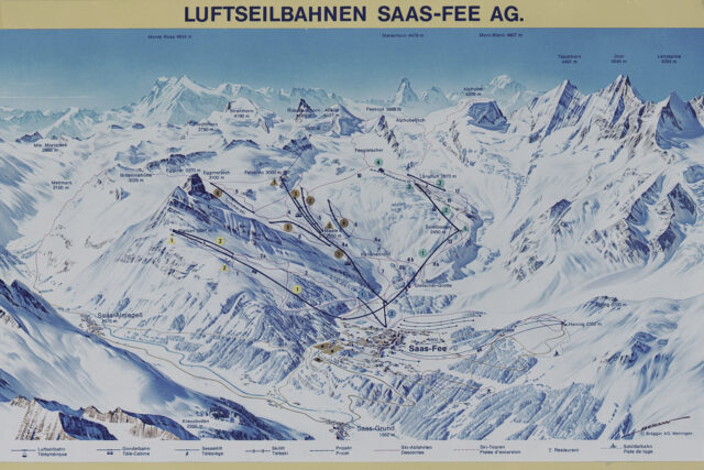 Saas Fee, gezeichnetes Panorama der Umgebung