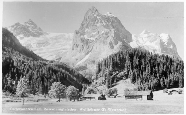 Postkarte Gschwandtenmaad, Rosenlauigletscher, Wellhörner und Wetterhorn