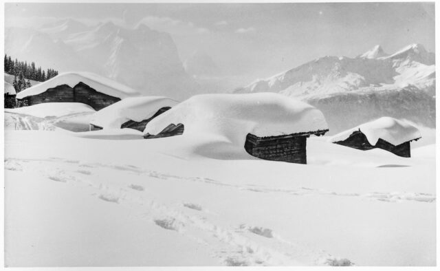 Postkarte Mägisalp im Winter, Hütten im Schnee