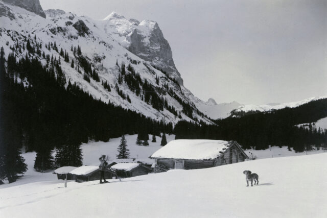 Broch (Schwarzwaldalp) mit Skifahrer und Hund, Wetterhorn im Hintergrund