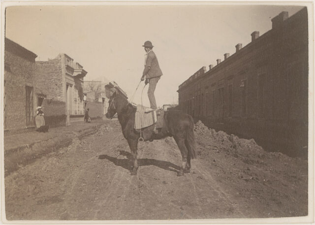 Homme sur un cheval dans la rue. Buenos Aires.