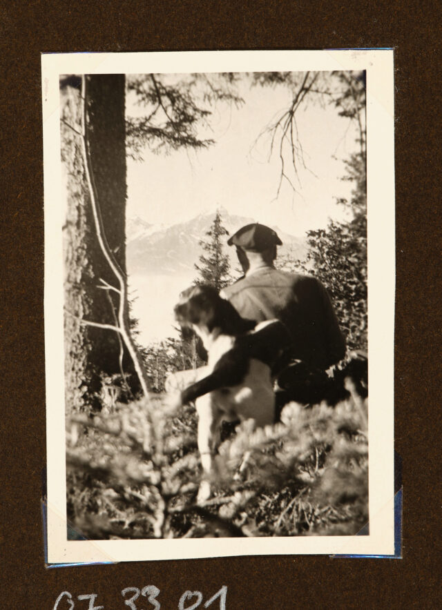 Jäger (Rückenansicht) und Hund im Wald vor Bergpanorama