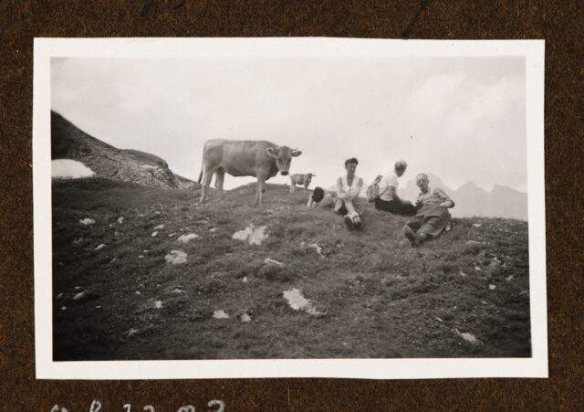 Wanderer (Meinrad Inglin r.) auf Kuhwiese sitzend