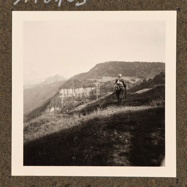 Meinrad Inglin (Rückenansicht) in Wiese vor Bergen