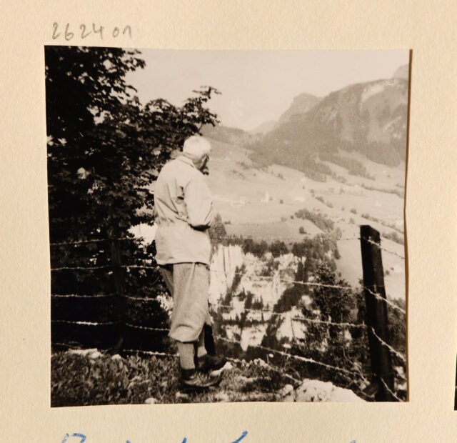 Meinrad Inglin (Rückenansicht) vor Bergpanorama