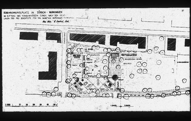 "Freizeitanlagen, Gemeinschaftszentren: Plan FZA Wipkingen, Zürich" - Plan des Robinsonspielplatzes aus dem Mai 1954