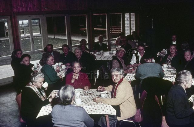 "Freizeitanlagen, Gemeinschaftszentren: Altersnachmittag FZA Wipkingen, Zürich" - Ältere Damen sitzen um Tische mit Plastiktischtüchern bei Kaffee und Kuchen, um 1970