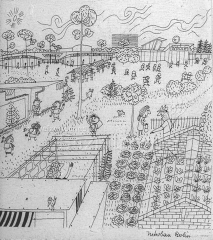 "Europäische Länder: Projekt Berlin" - Skizze einer Parkanlage, mit einer Schule, Einkaufsläden und einer Gärtnerei, Kinder laufen durch den Park zur Schule