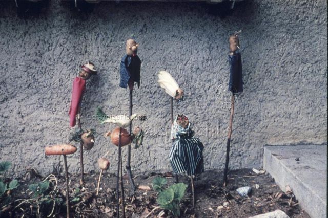 "Gemüsetheater Spielwoche Herzberg" - An Stecken befestigte Handpuppen und Tiere, die aus verschiedenem Gemüse gebastelt sind; um 1970