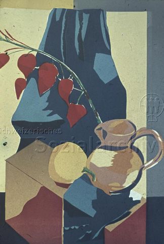 "Linolschnitt" - Stillleben mit Frucht, Blume und Wasserkanne