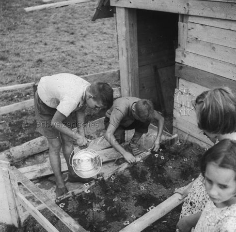 "Bauspielplatz" - Zwei Jungen beim Wässern des angelegten Blumengartens; um 1970