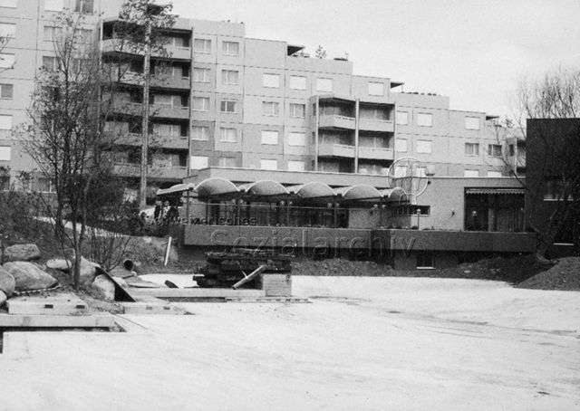 "Siedlung Adlikon Umgebungsarbeit: Restaurant und zukünftiger See"; 1974