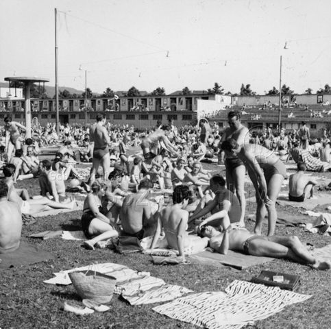 Männer und Frauen beim Sonnenbaden; um 1965