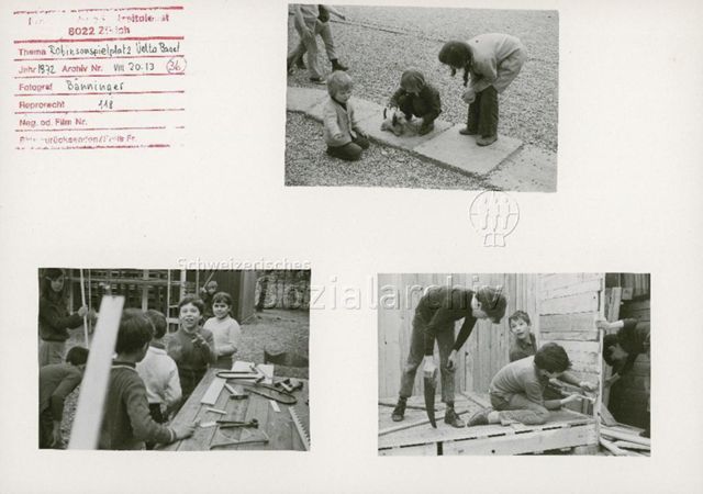 "Robinsonspielplatz Volta, Basel" - Kinder beim Spielen und Bauen; 1972