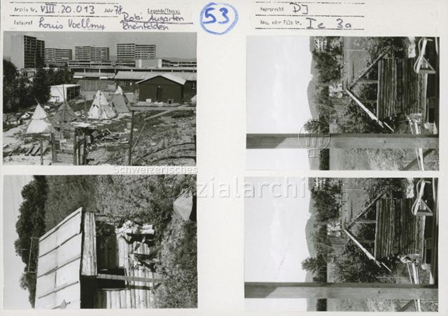 "Robinsonspielplatz Augarten, Rheinfelden" - Hütten und Zelte auf der Anlage; 1978