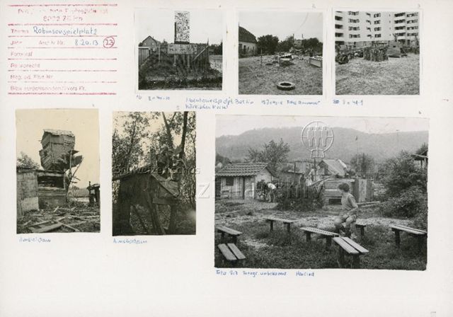"Robinsonspielplätze" in Berlin (oben), Amsterdam (unten links) und Zürich Heuried (unten rechts); um 1960