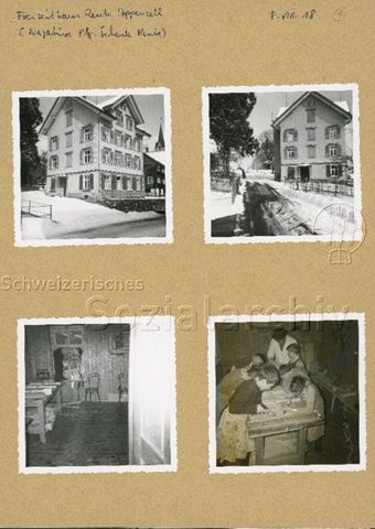 "Freizeithaus Reute, Appenzell" - Aussenansicht des Hauses, Kinder beim Werken, Holzarbeiten; um 1955