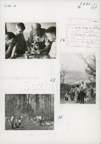 "Freizeit + Familie, Familienwoche auf dem Herzberg" - Familien beim Spielen, Wandern und Picknicken; um 1965