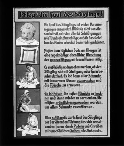 Diaserie vom Deutschem Hygienischen Museum, Dresden; "Pflegt die Haut des Säuglings!" - Zeichnungen und erklärende Texte; um 1930