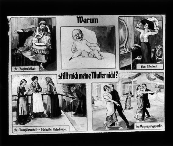 Diaserie zum Thema Stillen; "Warum stillt mich meine Mutter nicht?" - Illustration der Gründe "Aus Bequemlichkeit", "Aus Eitelkeit", "Aus Unerfahrenheit - Schlechte Ratschläge", "Aus Vergnügungssucht"; Deutsches Hygiene-Museum, Dresden; um 1930