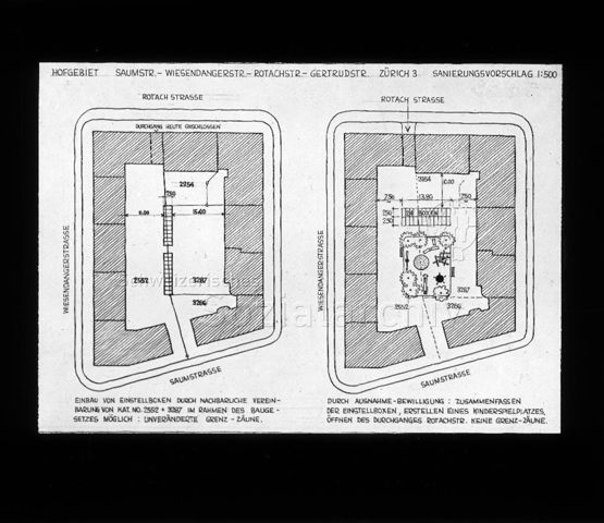Diaserie zu Spielplätzen in Zürich; "Hofspielplatz - Sanierungsvorschlag" - Situationspläne von zwei Vorschlägen für Sanierung eines Hofspielplatzes in Wiedikon; um 1950