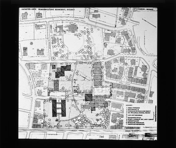 Diaserie zu Spielplätzen in Zürich; "Kataster-Kopie Bebauungsstudie Bodmergut, Riesbach" - Situationsplan; um 1960