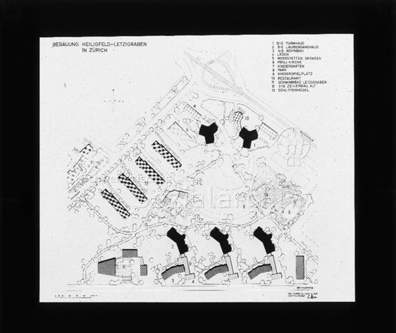 Diaserie zu Spielplätzen in Zürich; "Bebauung Heiligfeld - Letzigraben in Zürich" - Situationsplan; um 1955