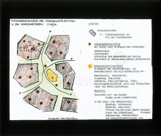Diaserie zu Spielplätzen; "Kleinkinderspielplätze und Gemeinschaftszentren in den Wohnquartieren / Schema - Hochbauamt der Stadt Zürich" - Skizze mit Erläuterungen; Ort unbekannt; um 1960