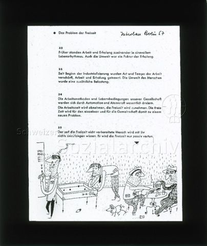Diaserie zu Spielplätzen; "Interbau Berlin - Spielsalon; Das Problem der Freizeit ..." - Comiczeichnung: Männer am Trinken und am Geldspiele spielen; 1957
