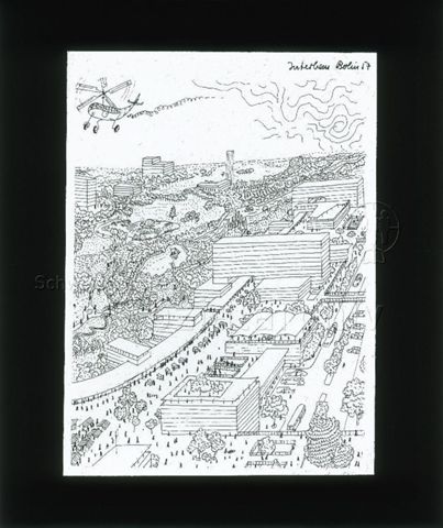 Diaserie zu Spielplätzen; "Interbau Berlin - Neue Stadt" - Comiczeichnung: Ansicht auf Stadt von oben; Wohnquartiere neben grossen Parkanlagen; 1957