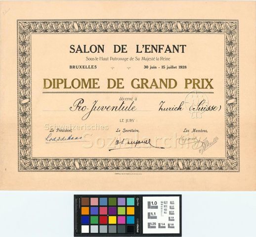 "Diplome de Grand Prix décerné à Pro-Juventute Zürich (Suisse)" vergeben vom "Salon de l'enfant", Brüssel 1928
