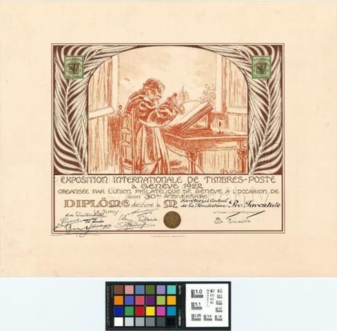 "Diplôme délivré à Secrétariat Central de la Fondation Pro Juventute", der internationalen Briefmarken-Ausstellung, Genf 1922