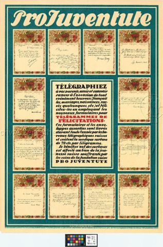 "Télégraphiez [...] en employant les nouveaux formulaires pour télégrammes de félicitations", Werbung für Briefpapier von Pro Juventute, 1918