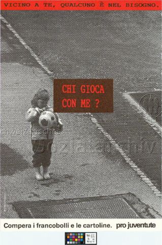 "Vicino a te, qualcuno è nel bisogno. Chi gioca con me?", Fotografie eines Mädchens mit einem Ball, Briefmarkenverkauf der Pro Juventute, 1987